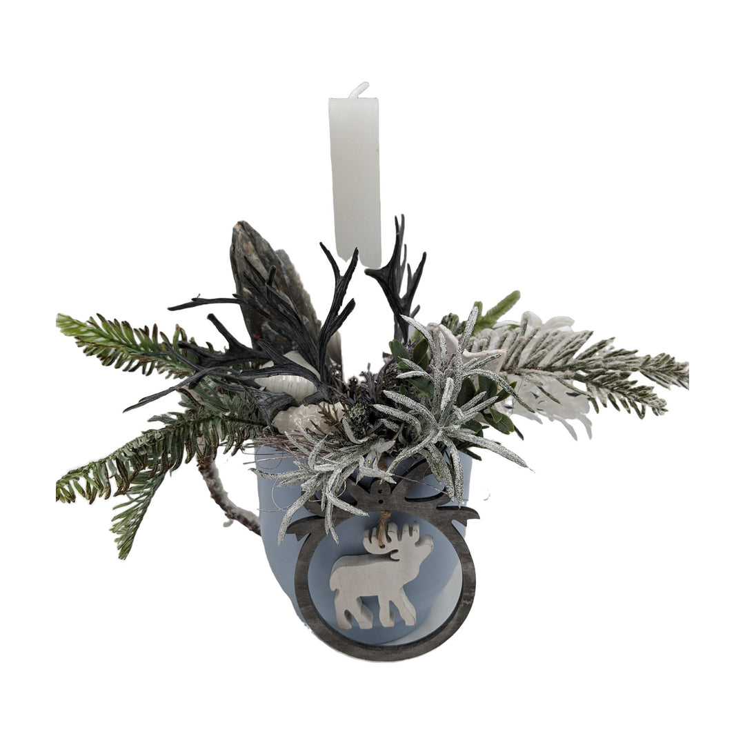 Freigestellt Weihnachtsgesteck Kerze Elch Tanne blau weiß