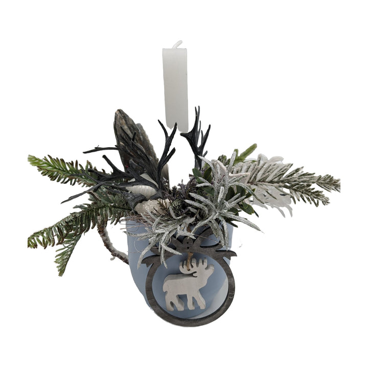 Freigestellt Weihnachtsgesteck Kerze Elch Tanne blau weiß