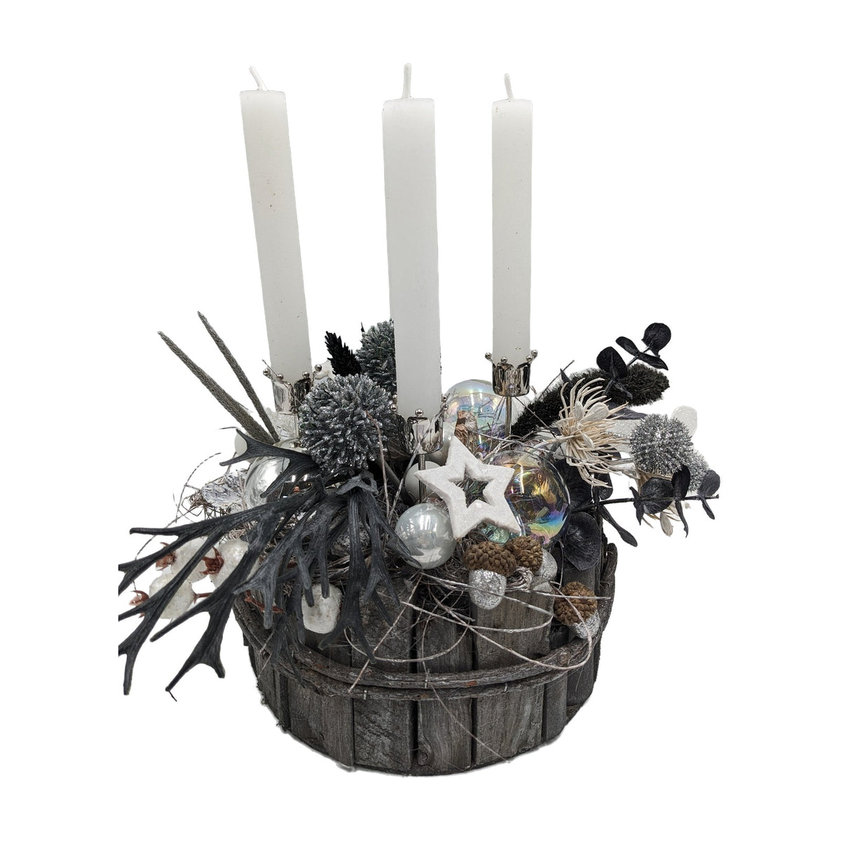 Freigestellt Adventsgesteck modern Kugeln Stern Craspedia schwarz weiß silber