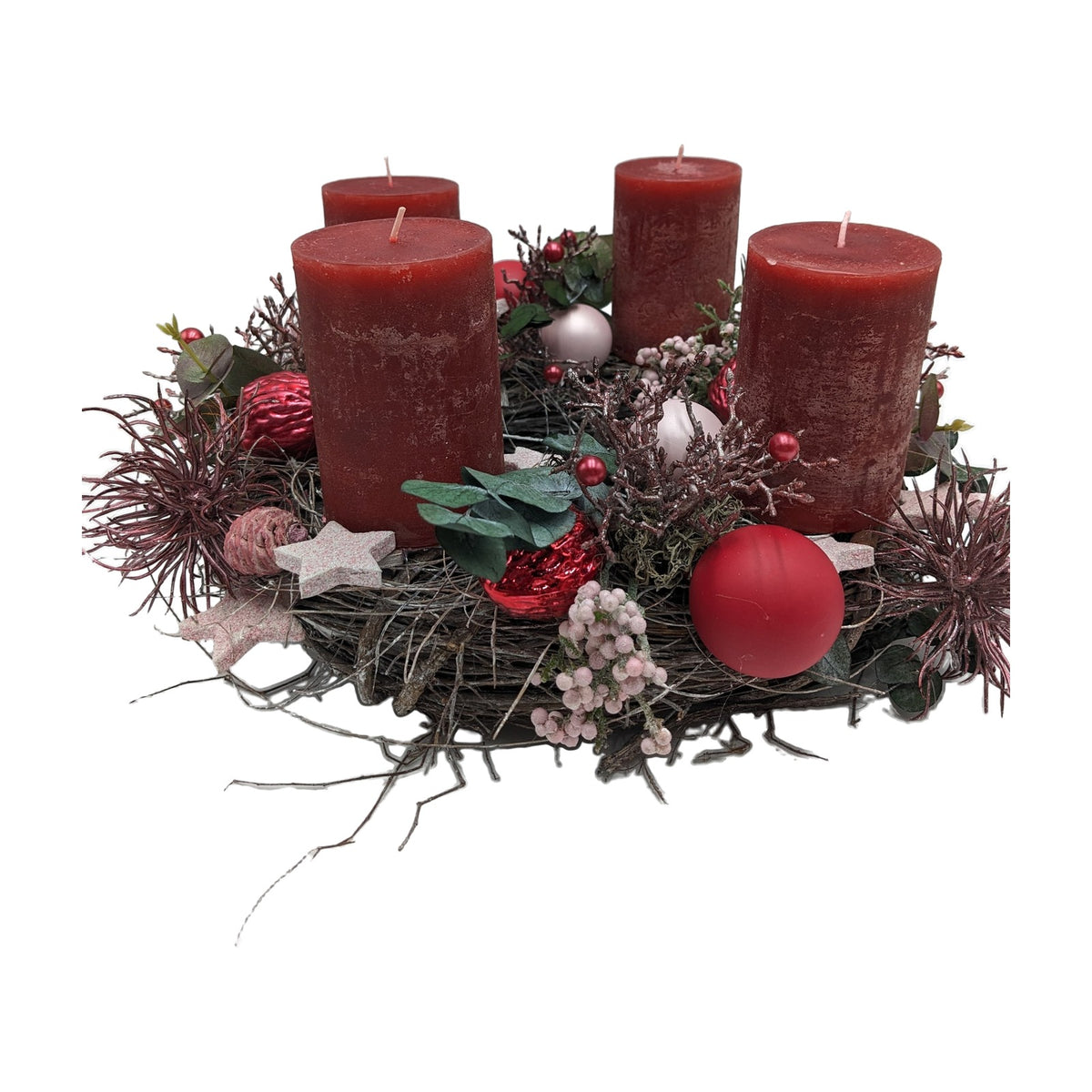 Freigestellt Adventsgesteck Kerzen Kugel Stern Spider rot rosa