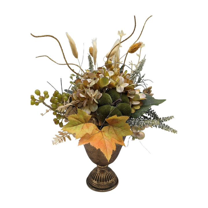 Freigestellt Herbstgesteck Kürbis Hortensie Schnecke gold grün im Pokal