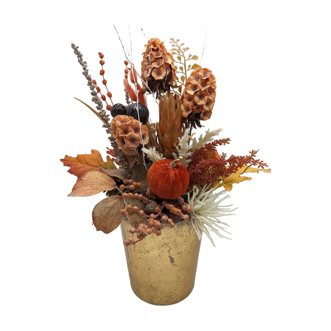 Freigestellt Herbstgesteck Kürbis Feige Laub Beeren orange gold
