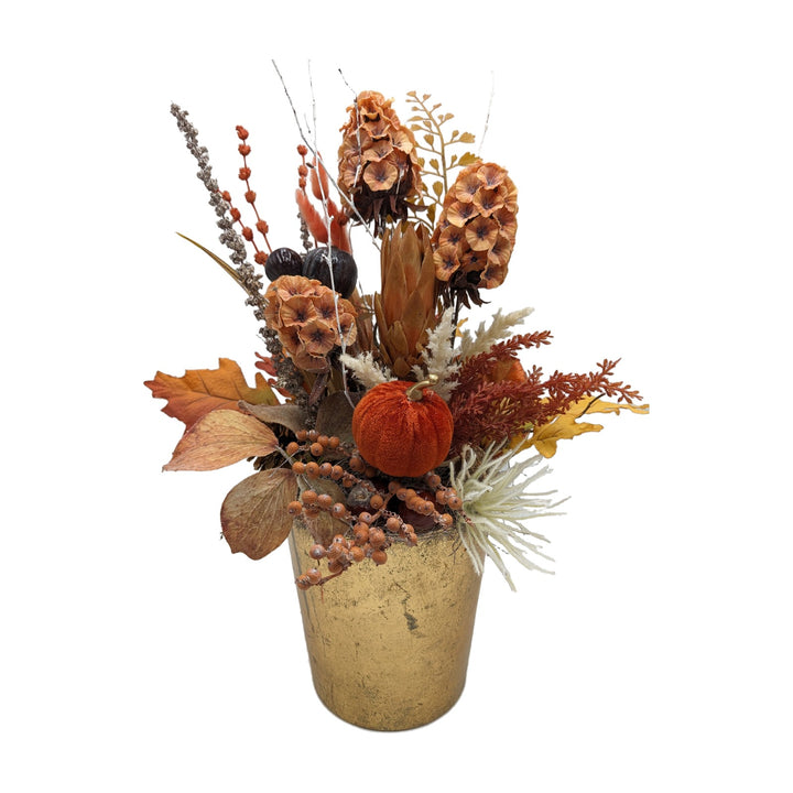 Freigestellt Herbstgesteck Kürbis Feige Laub Beeren orange gold