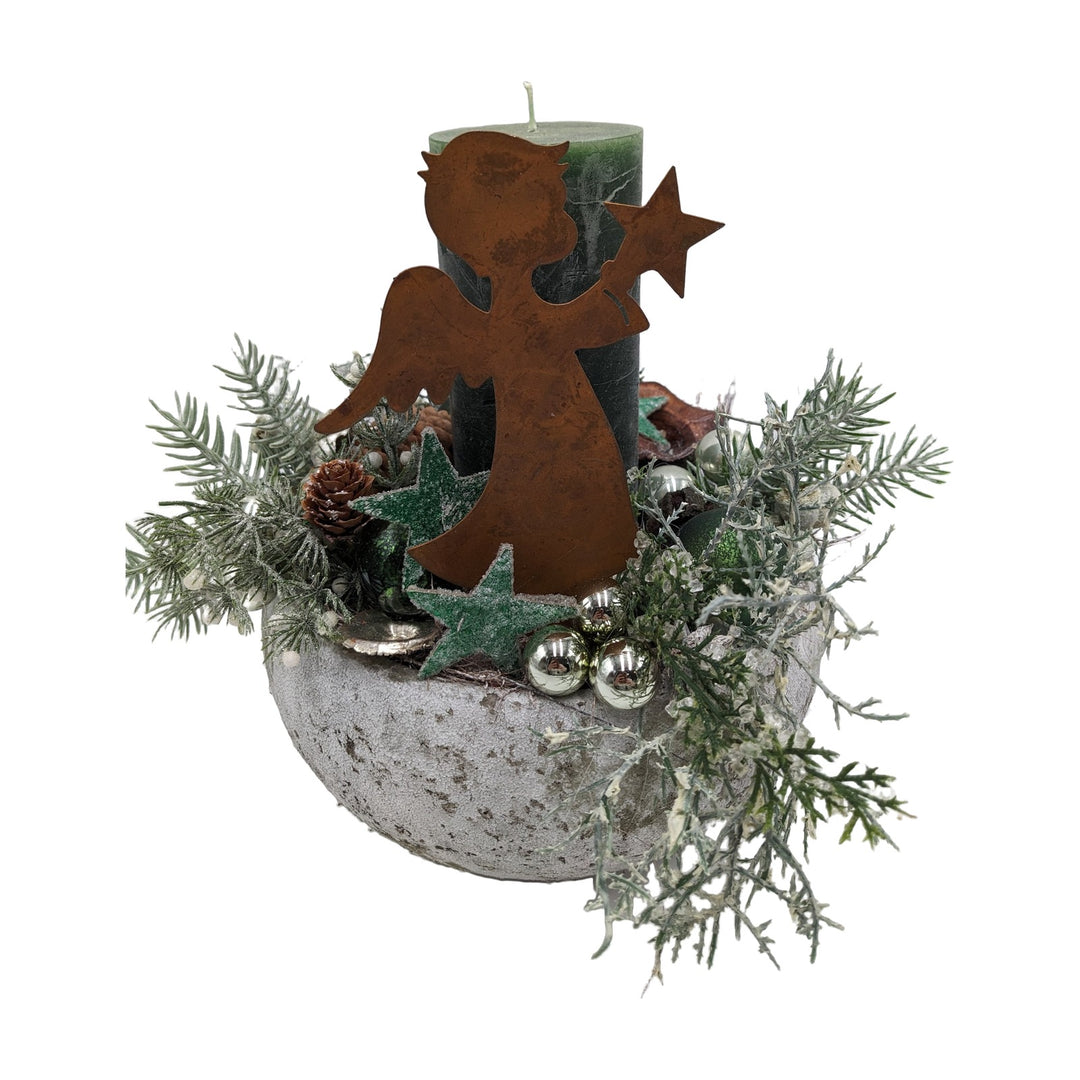 Freigestellt Weihnachtsgesteck Engel Rost Zapfen Kerze grün silber