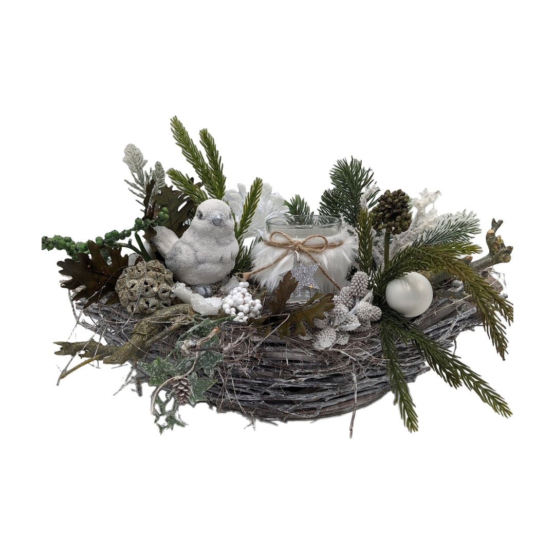 Freigestellt Weihnachtsgesteck Windlicht Vogel Zapfen Kugel weiß natur