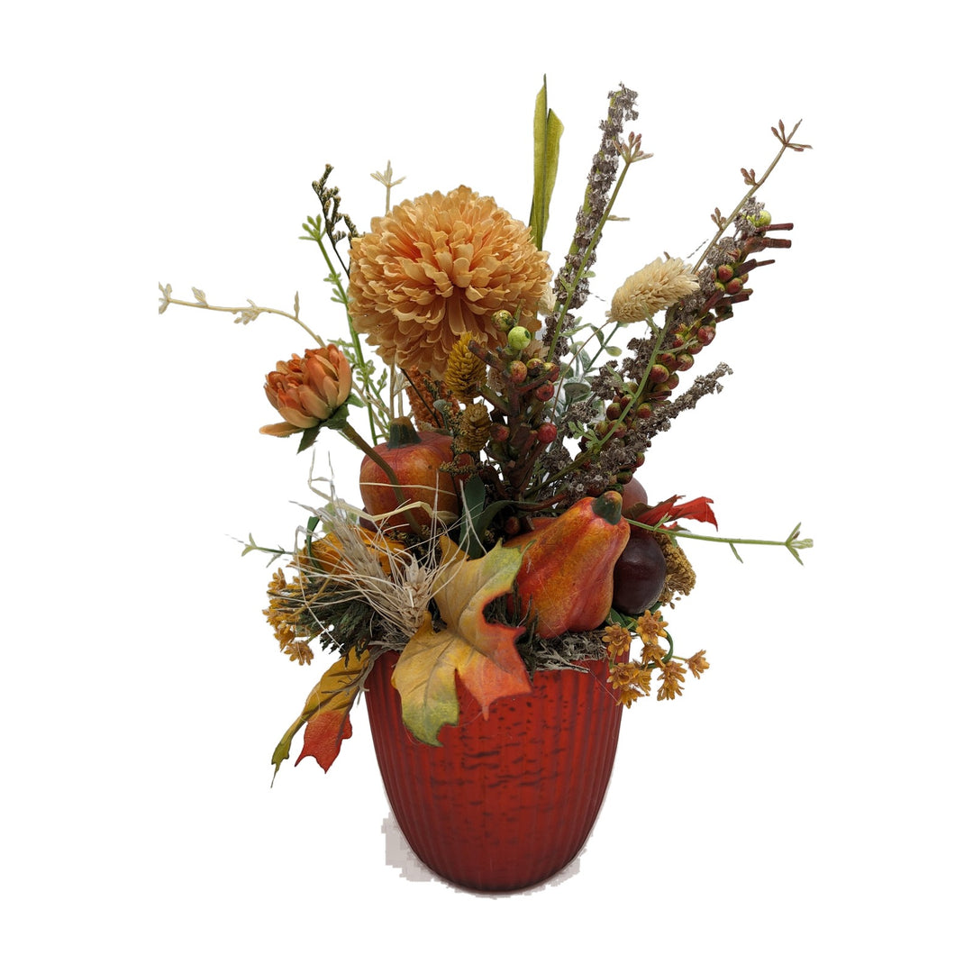 Freigestellt Herbstgesteck Kürbis Kastanie Physalis Chrysantheme orange