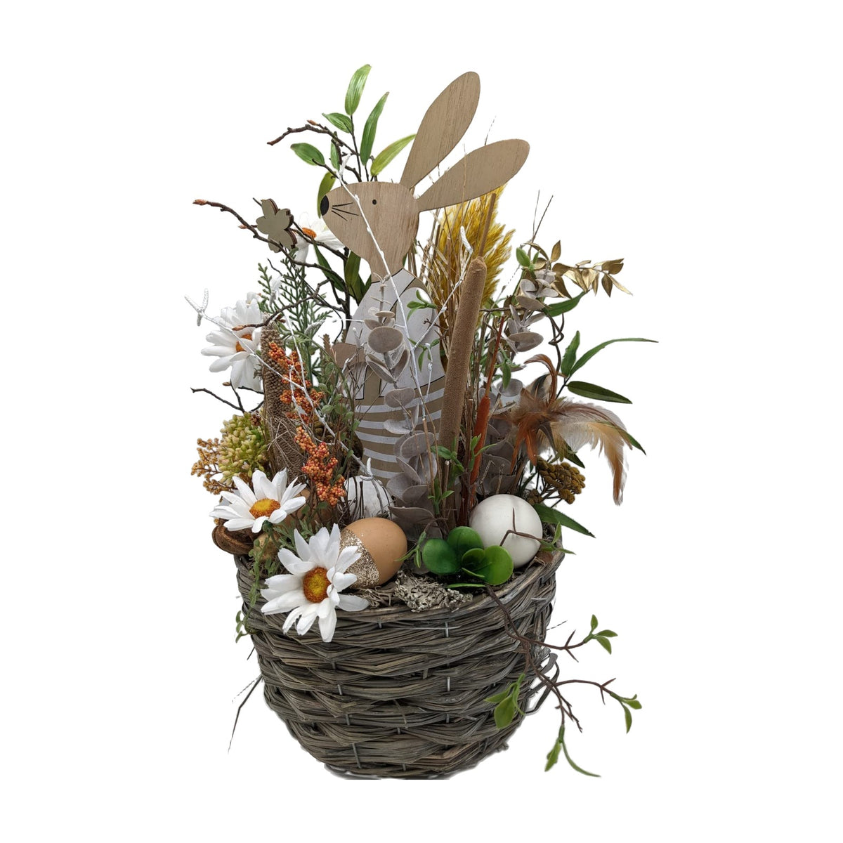 Freigestellt Ostergesteck Korb Hase Eier Margeriten Eukalyptus weiß natur