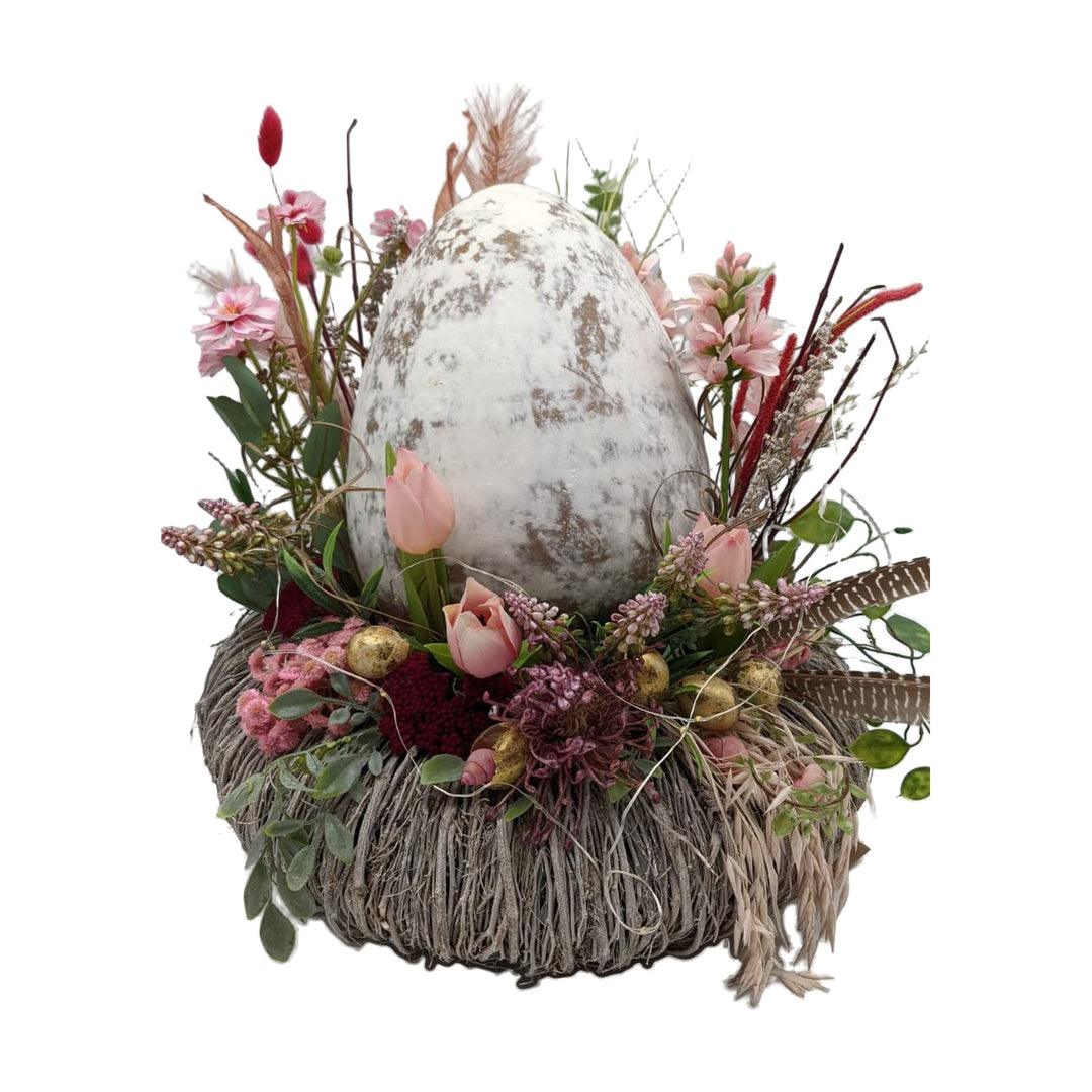 Freigestellt Ostergesteck Frühlingsgesteck Nest LED Ei Tulpen Federn Gräser rosa braun