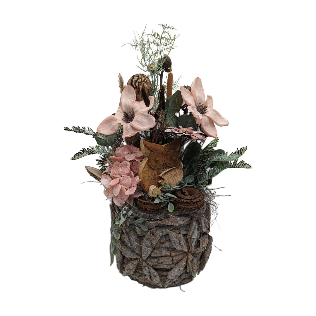 Freigestellt Herbstgesteck Eule Magnolie Hortensie apricot natur