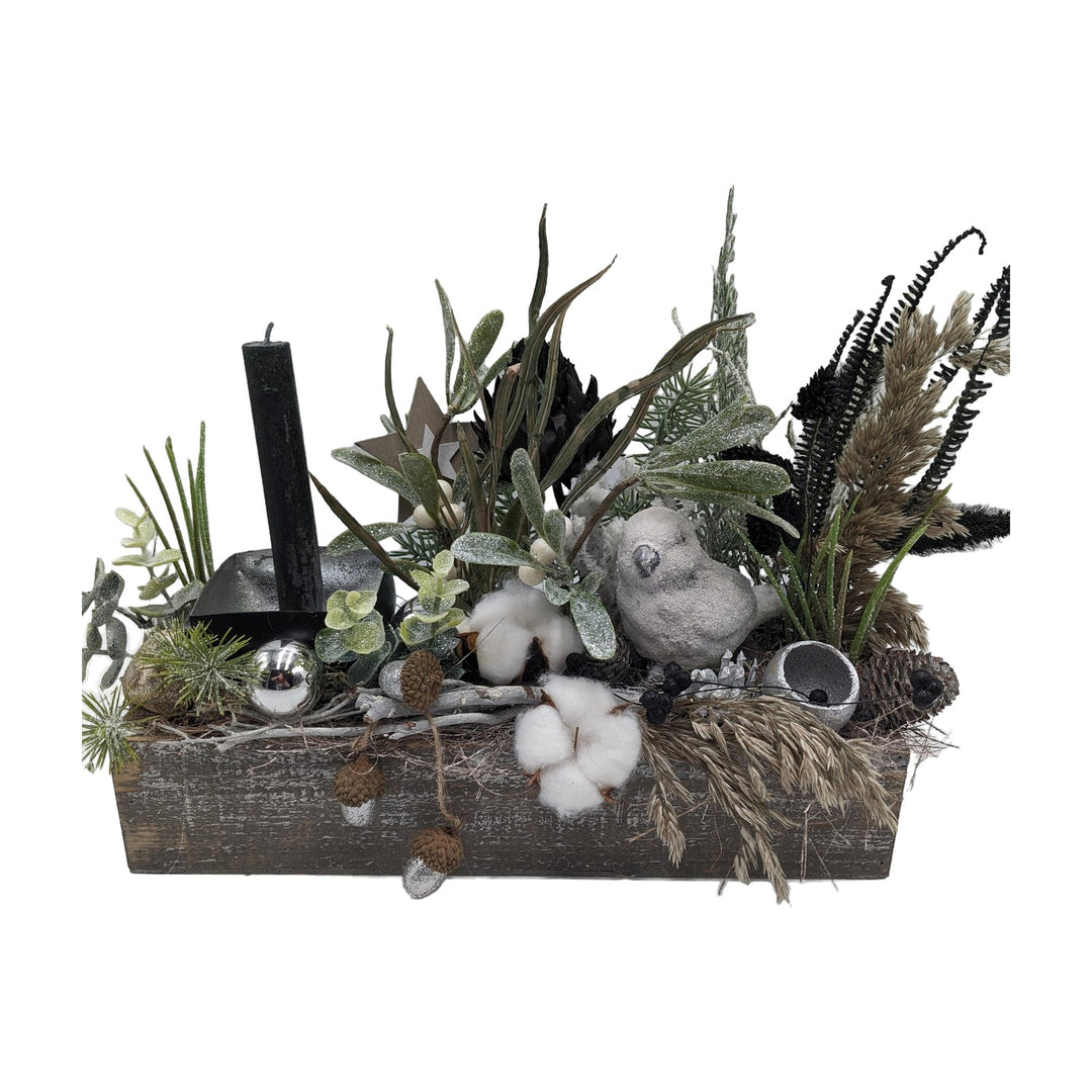 Freigestellt Weihnachtsgesteck Holzkasten Kerze Vogel Stern schwarz natur
