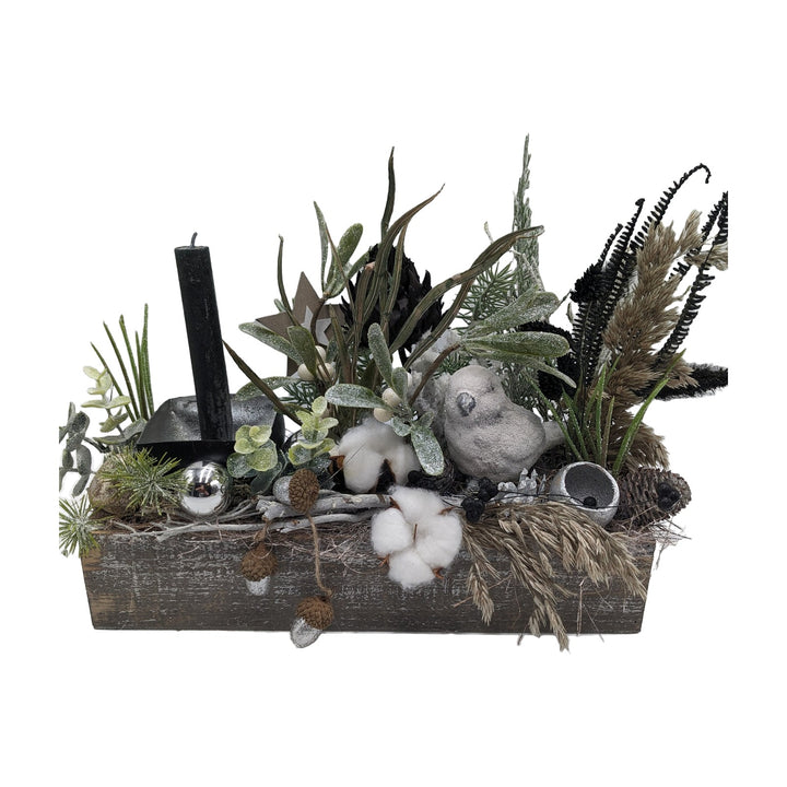 Freigestellt Weihnachtsgesteck Holzkasten Kerze Vogel Stern schwarz natur