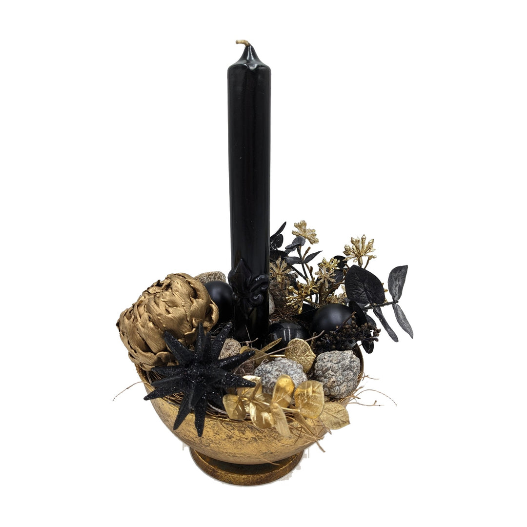Freigestellt Weihnachtsgesteck Kerze Kugel Zapfen Stern schwarz gold