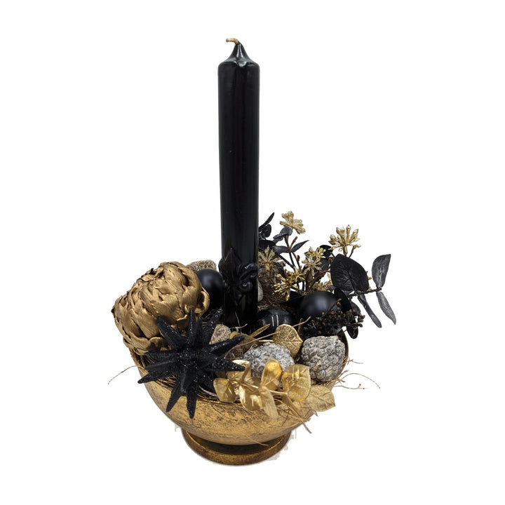 Freigestellt Weihnachtsgesteck Kerze Kugel Zapfen Stern schwarz gold