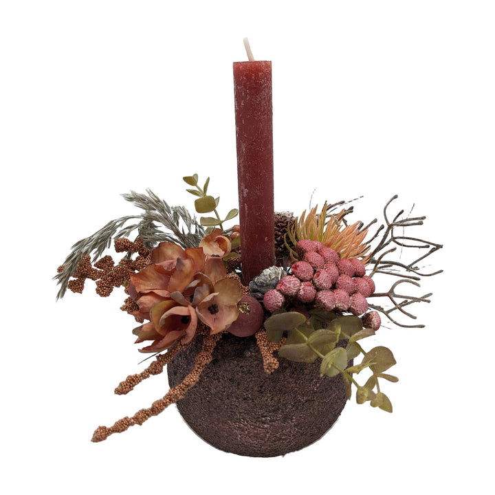 Freigestellt Wintergesteck Kerze Zapfen Beeren rosa apricot