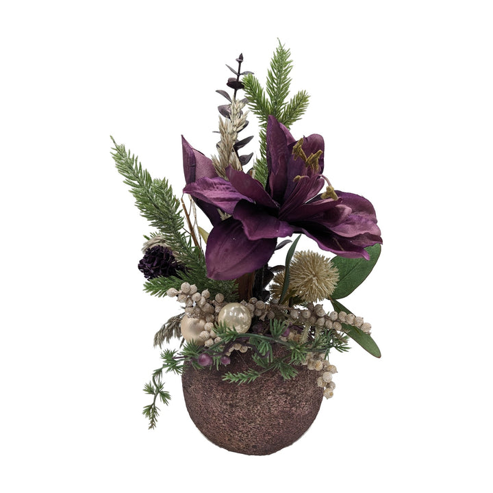 Freigestellt Weihnachtsgesteck Amaryllis Zapfen Kugeln lila creme