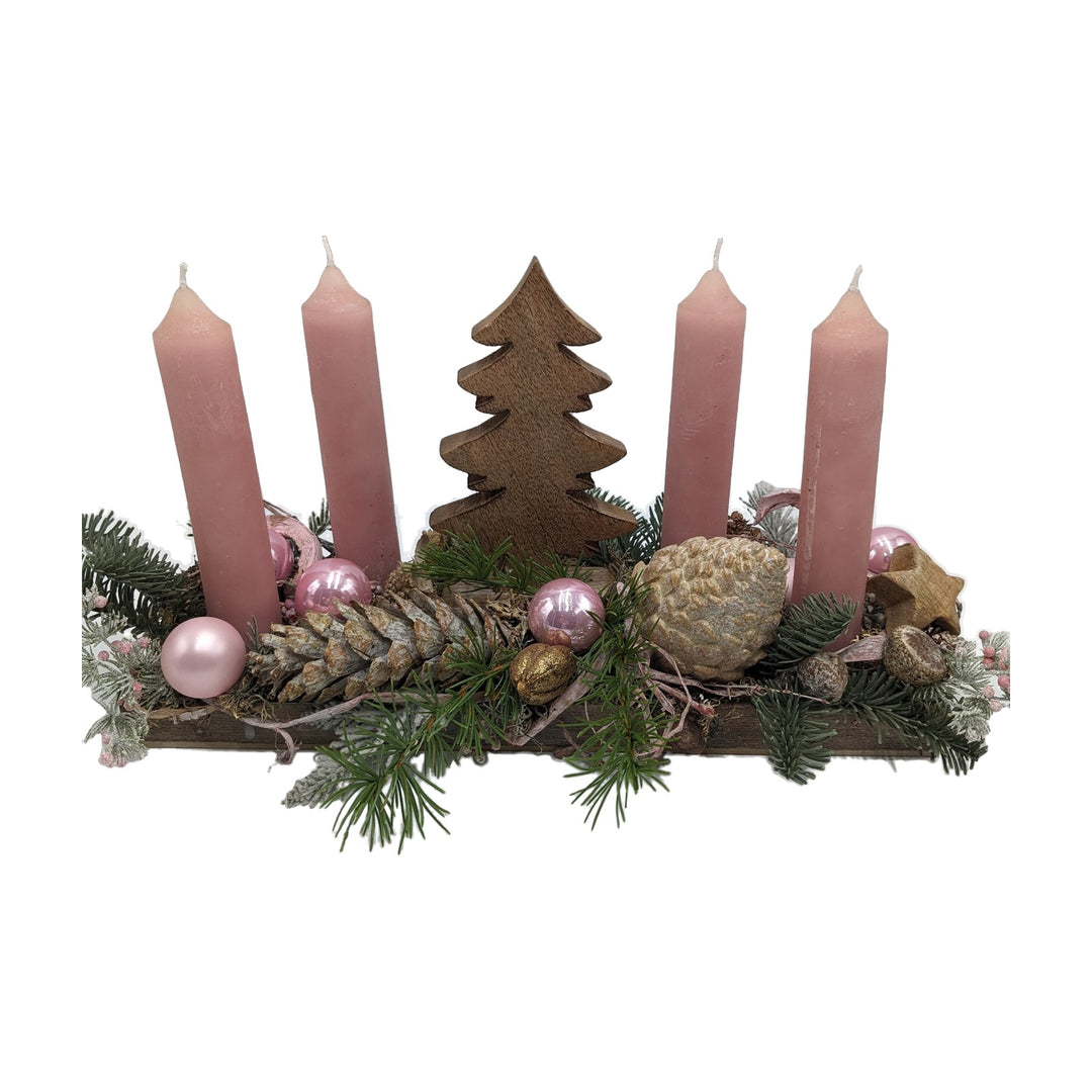 Freigestellt Adventsgesteck Kugeln Zapfen Stern Tannenbaum rosa natur