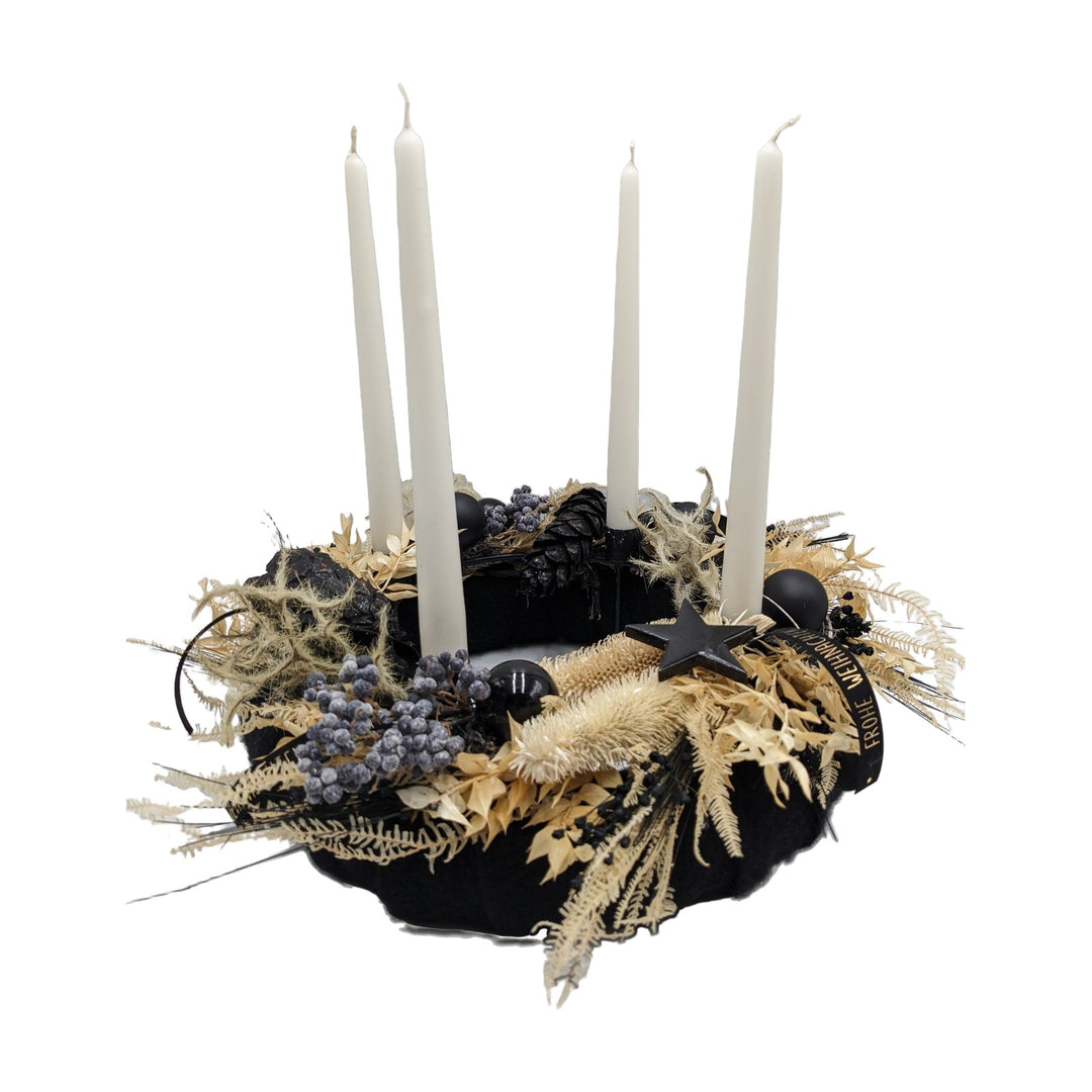 Freigestellt Adventsgesteck Adventskranz Kugel Zapfen Stern schwarz creme