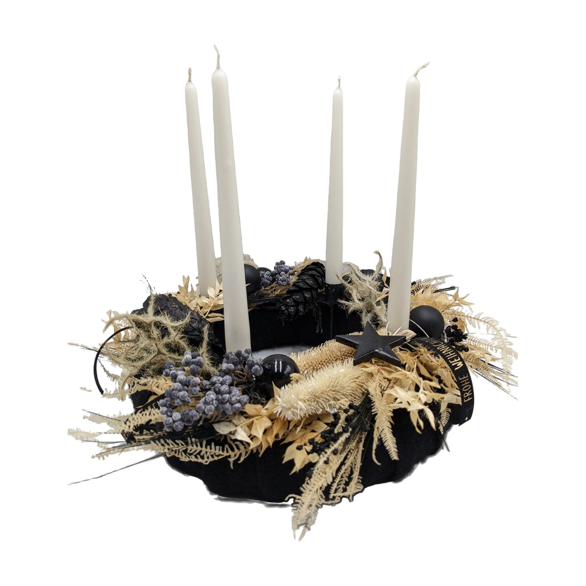Freigestellt Adventsgesteck Adventskranz Kugel Zapfen Stern schwarz creme