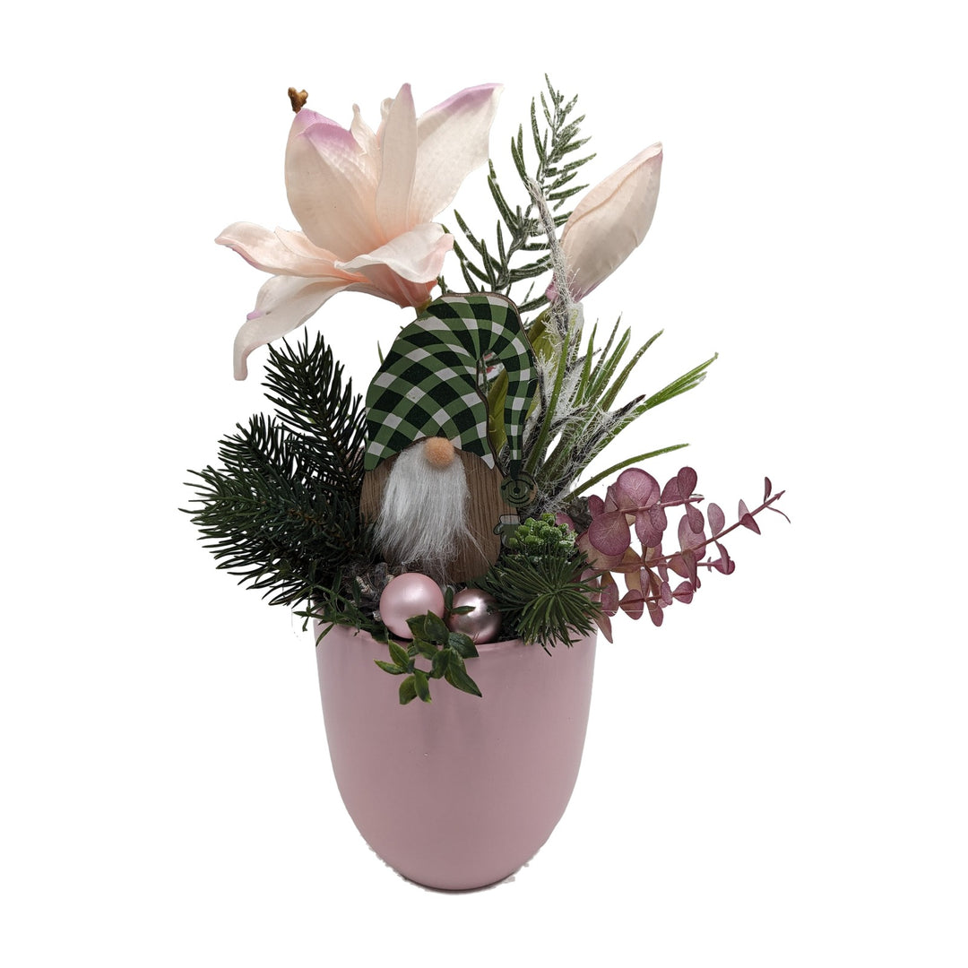Freigestellt Weihnachtsgesteck Amaryllis Wichtel Kugeln rosa grün
