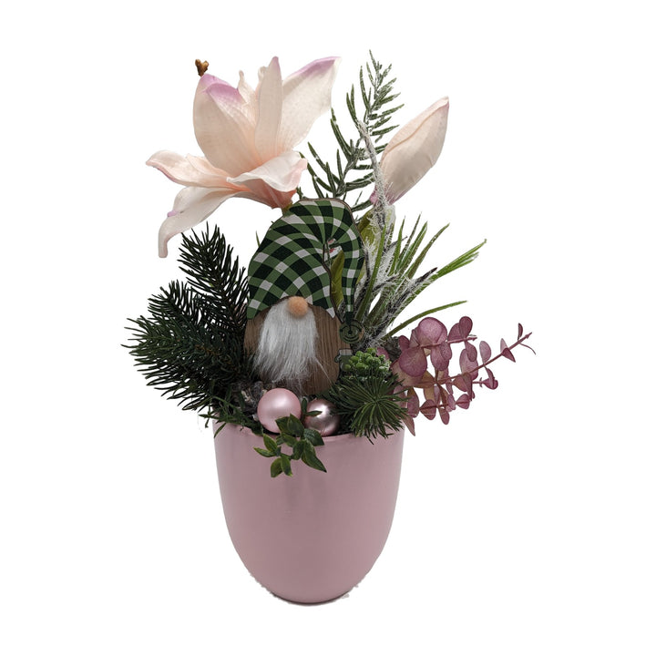 Freigestellt Weihnachtsgesteck Amaryllis Wichtel Kugeln rosa grün