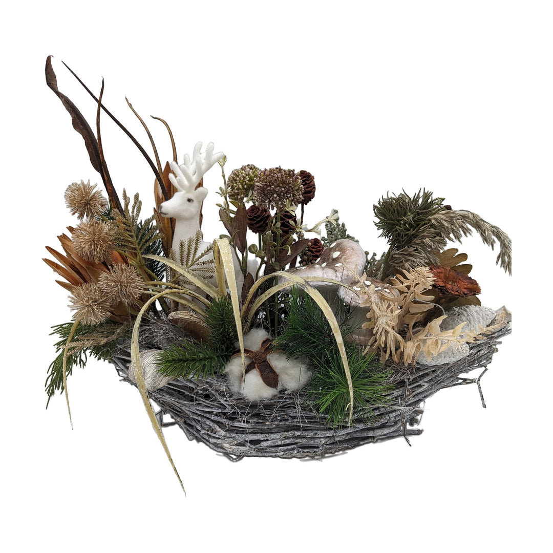 Freigestellt Herbstgesteck Winter Hirsch Pilz Baumwolle Zapfen natur weiß