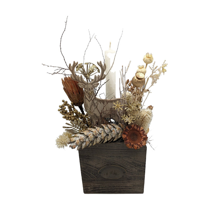 Freigestellt Herbstgesteck Zapfen Hirsch Mohnkapseln creme gold