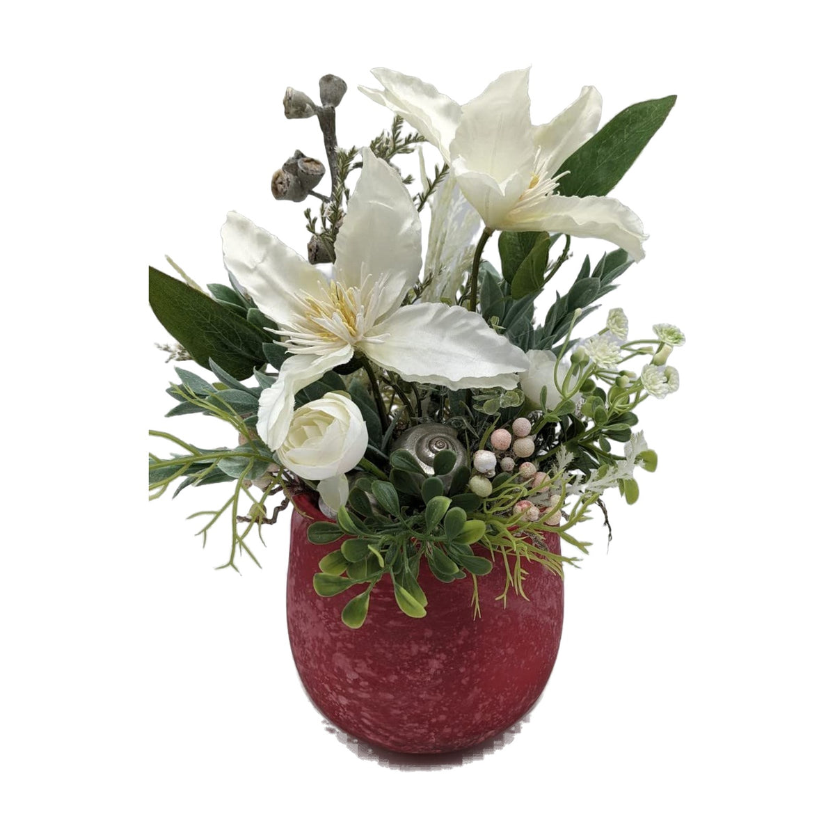 Freigestellt Frühlingsgesteck Clematis Ranunkel Schnecke Beeren weiß rot