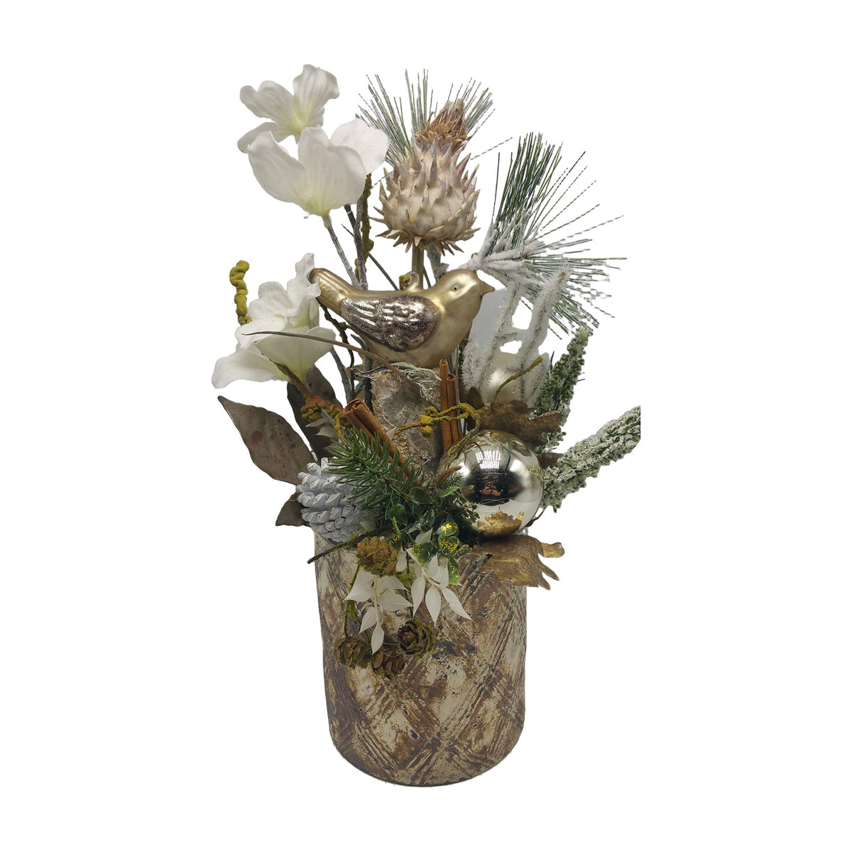 Freigestellt Weihnachtsgesteck Wintergesteck Vogel Blüten Kugel weiß gold