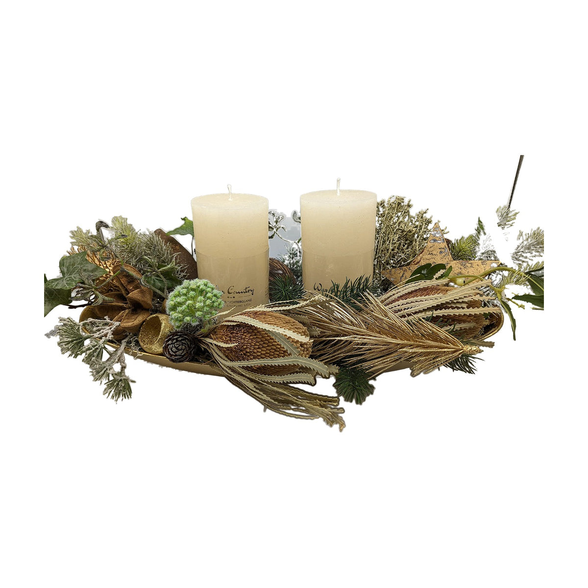 Freigestellt Weihnachtsgesteck Adventsgesteck Wintergesteck Kerzen Banksia creme gold