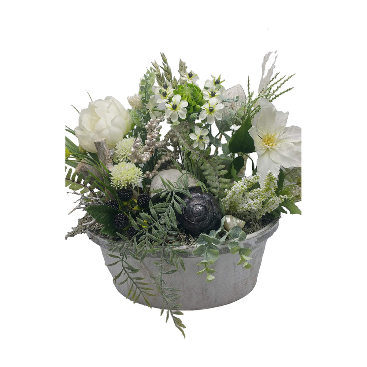 Freigestellt Seidenblumengesteck Sommergesteck Rose Clematis Schnecken weiß grün