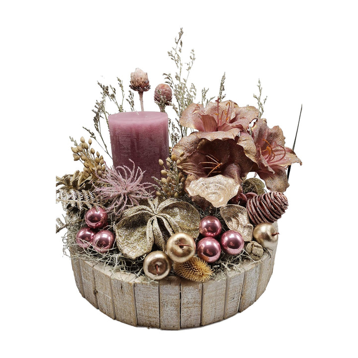 Freigestellt Wintergesteck Weihnachtsgesteck Amaryllis Kerze Kugeln altrosa champagner