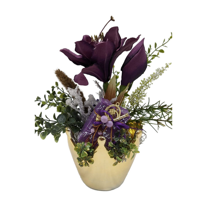 Freigestellt Wintergesteck Amaryllis Gräser Geschenk lila gold im Kronentopf
