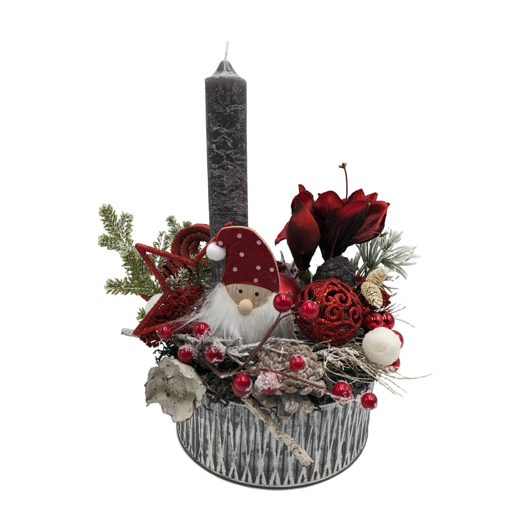 Freigestellt Weihnachtsgesteck Amaryllis Kugel Stern Wichtel rot grau