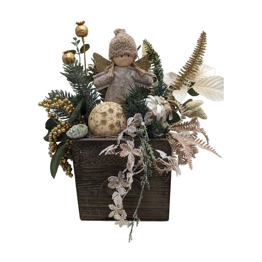 Freigestellt Weihnachtsgesteck Engelchen Kugel Geschenk Tanne gold creme