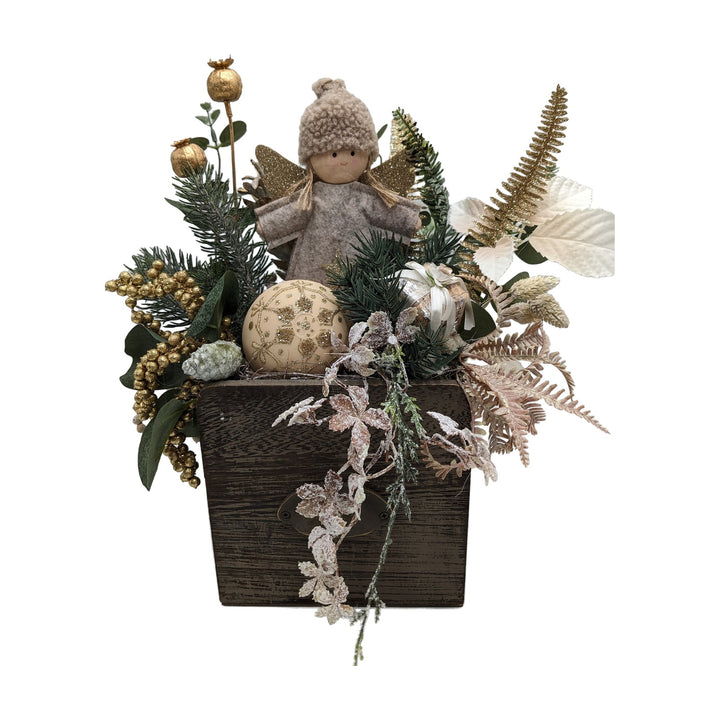 Freigestellt Weihnachtsgesteck Engelchen Kugel Geschenk Tanne gold creme