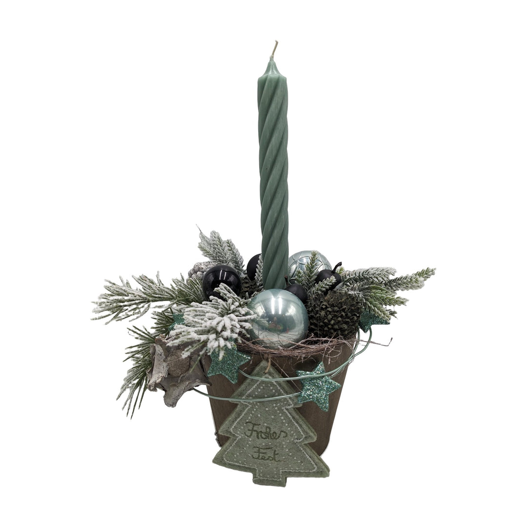 Freigestellt Weihnachtsgesteck Kugel Stern Apfel mint schwarz mit Kerze