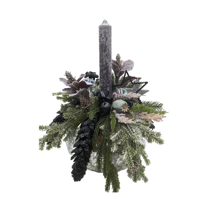 Freigestellt Weihnachtsgesteck Kerze Kugel Stern Apfel grau schwarz