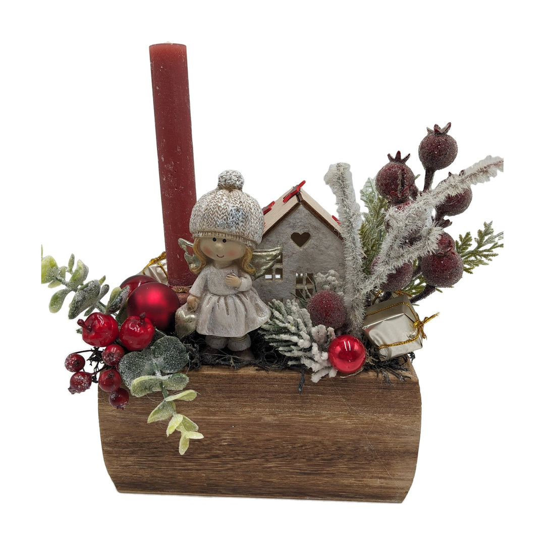 Freigestellt Weihnachtsgesteck Engel Haus Kugeln Kerze rot creme
