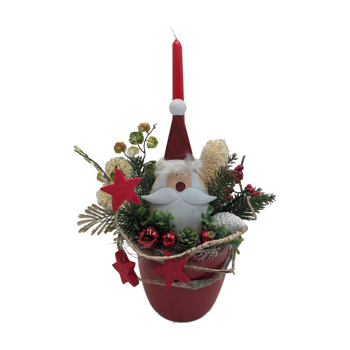 Freigestellt Weihnachtsgesteck Weihnachtsmann Kerze Kugeln Sterne rot weiß