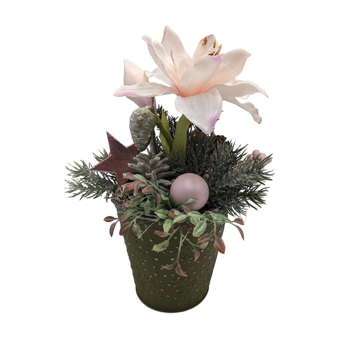 Freigestellt Weihnachtsgesteck Amaryllis Kugel Stern Zapfen rosa grün