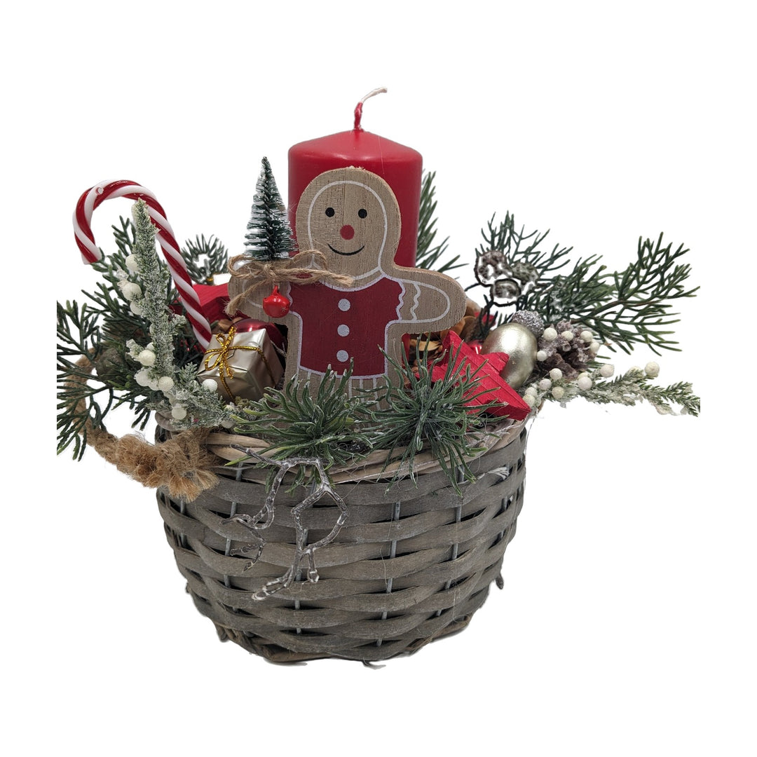Freigestellt Weihnachtsgesteck Korb Lebkuchenmann Kerze Zuckerstange rot natur