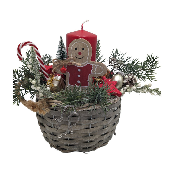 Freigestellt Weihnachtsgesteck Korb Lebkuchenmann Kerze Zuckerstange rot natur