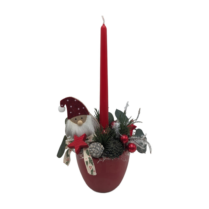 Freigestellt Weihnachtsgesteck Weihnachtsmann Stern Kugeln rot weiß mit Kerze