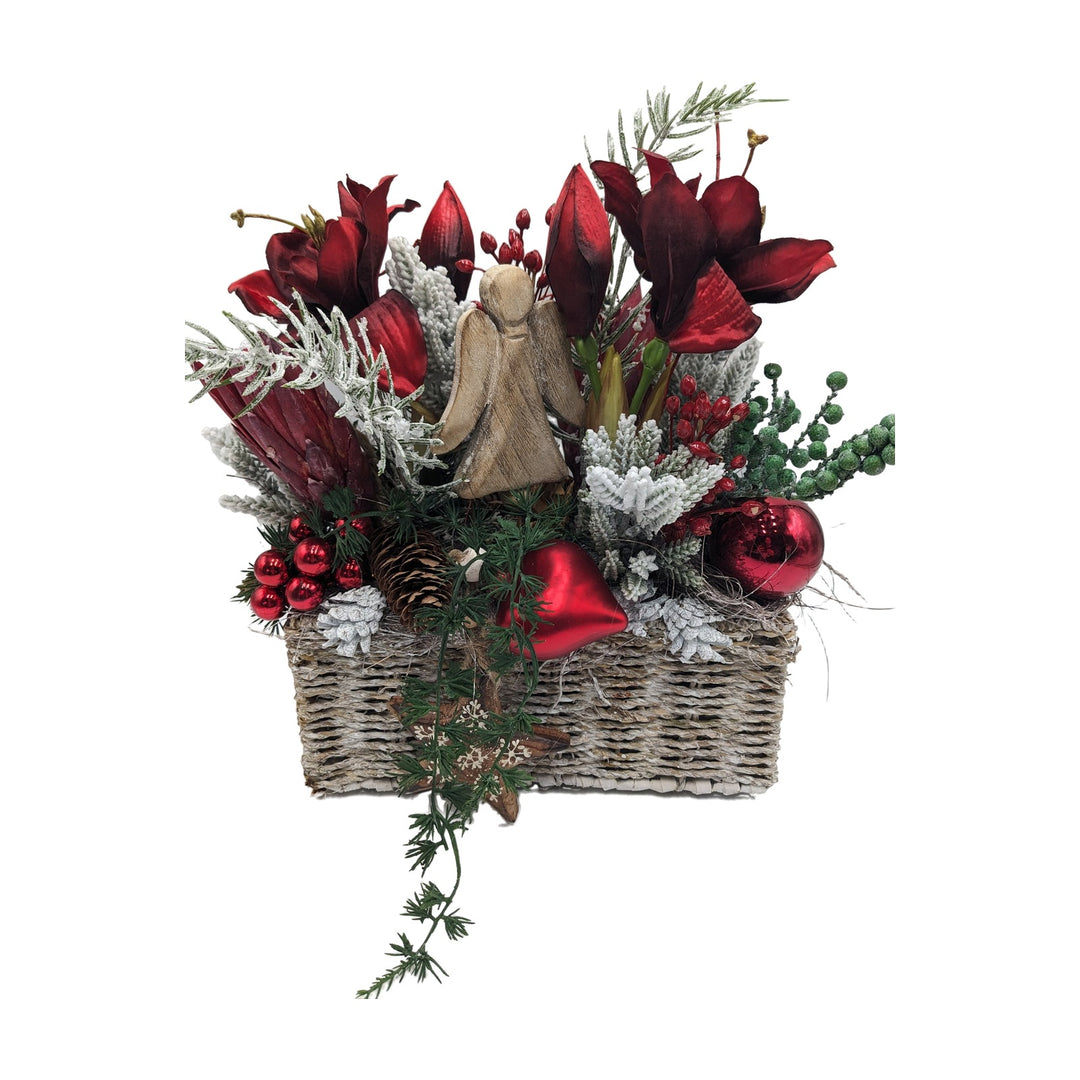 Freigestellt Weihnachtsgesteck Amaryllis Engel Kugeln im Korb rot natur