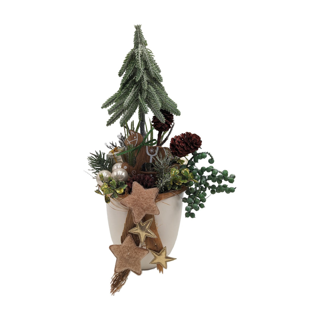 Freigestellt Weihnachtsgesteck Schaukelpferd Tannenbaum Kugeln Sterne creme grün