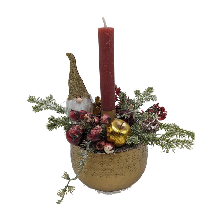 Freigestellt Weihnachtsgesteck Apfel Zapfen Weihnachtsmann gold rot mit Kerze