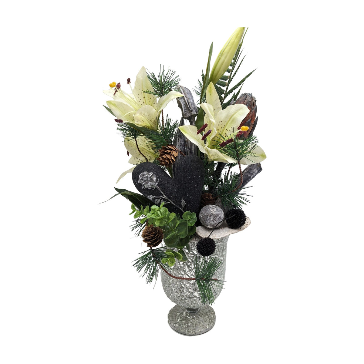 Freigestellt Trauergesteck Lilien Herz Zapfen Kiefer schwarz silber
