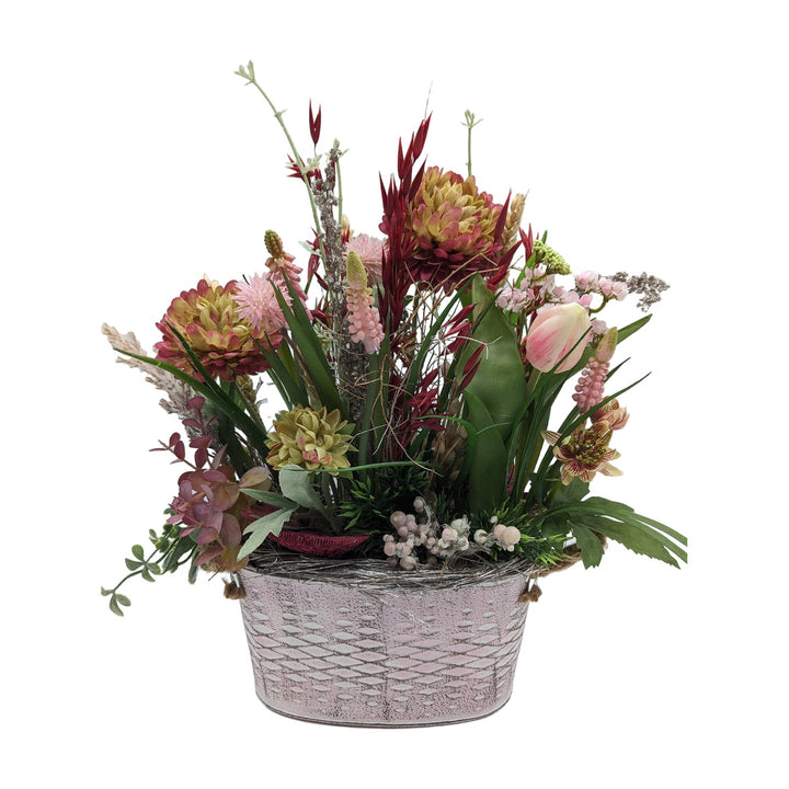 Freigestellt Frühlingsgesteck Tulpe Hyazinthe Chrysantheme rosa grün in Zinkschale