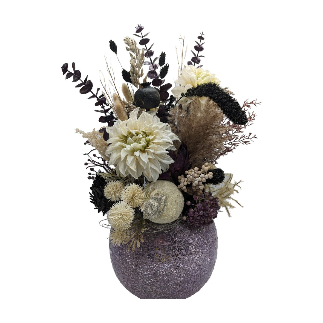 Freigestellt Sommergesteck Blüten Mohnkapseln Eukalyptus creme lila schwarz