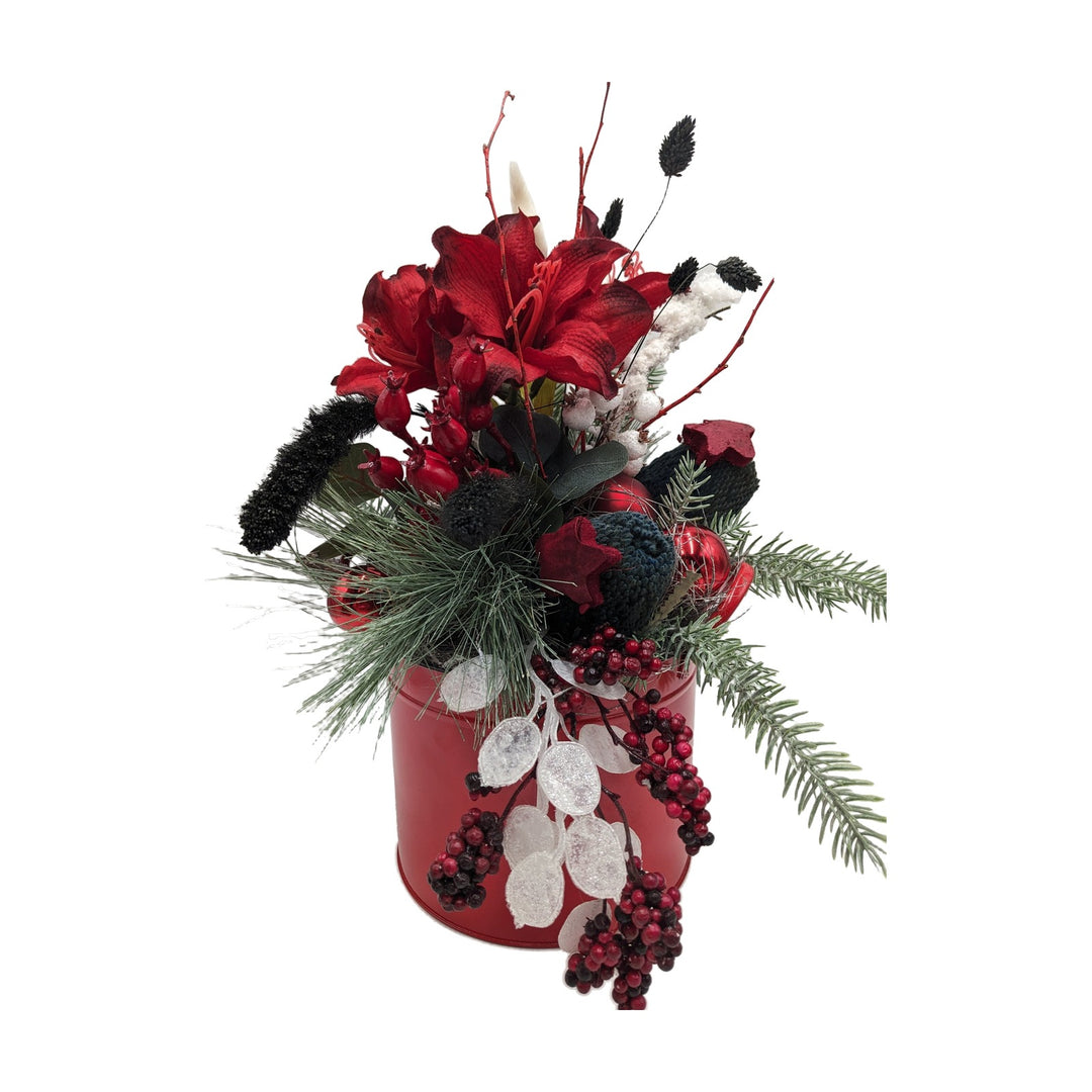 Freigestellt Weihnachtsgesteck Amaryllis Kugeln Sterne Beeren rot schwarz